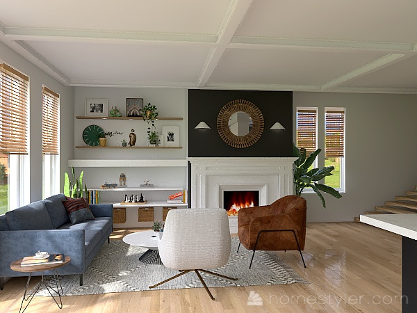 3D living room design rendering, with a modern/transitional vibe.